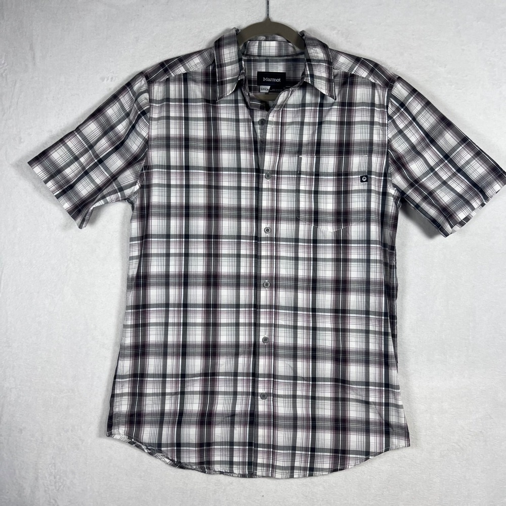 Marmot Mens Small Plaid Short Sleeve Button Down Shirt Black Burgundy Fish Hike